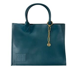SANDRO Kasbah Leather Tote Bag Gold Chain Charm Teal Work Bag Travel